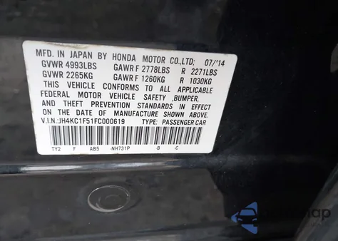 2015 Acura Rlx from USA, damaged, VIN JH4KC1F51FC000619
